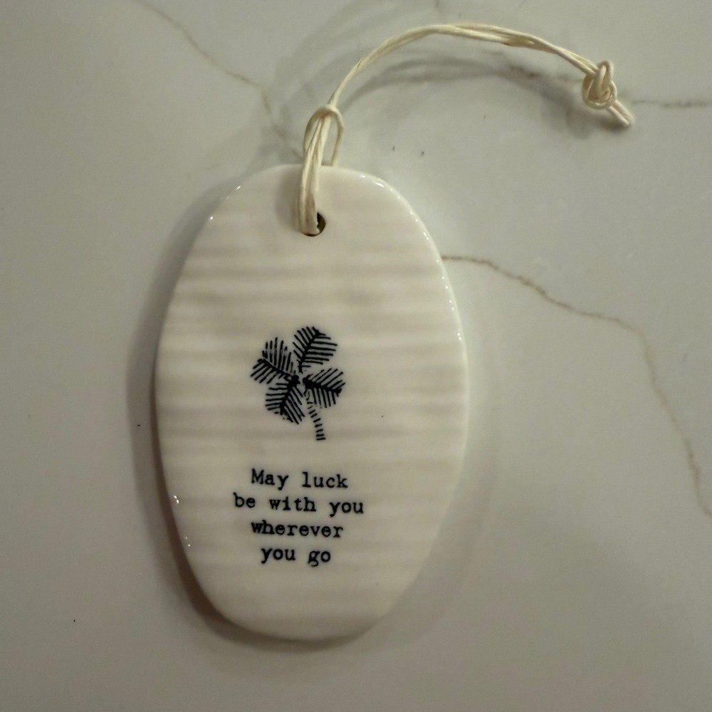 East of India Porcelain Good Luck Hanging Tag Four Leaf Clover White 6312